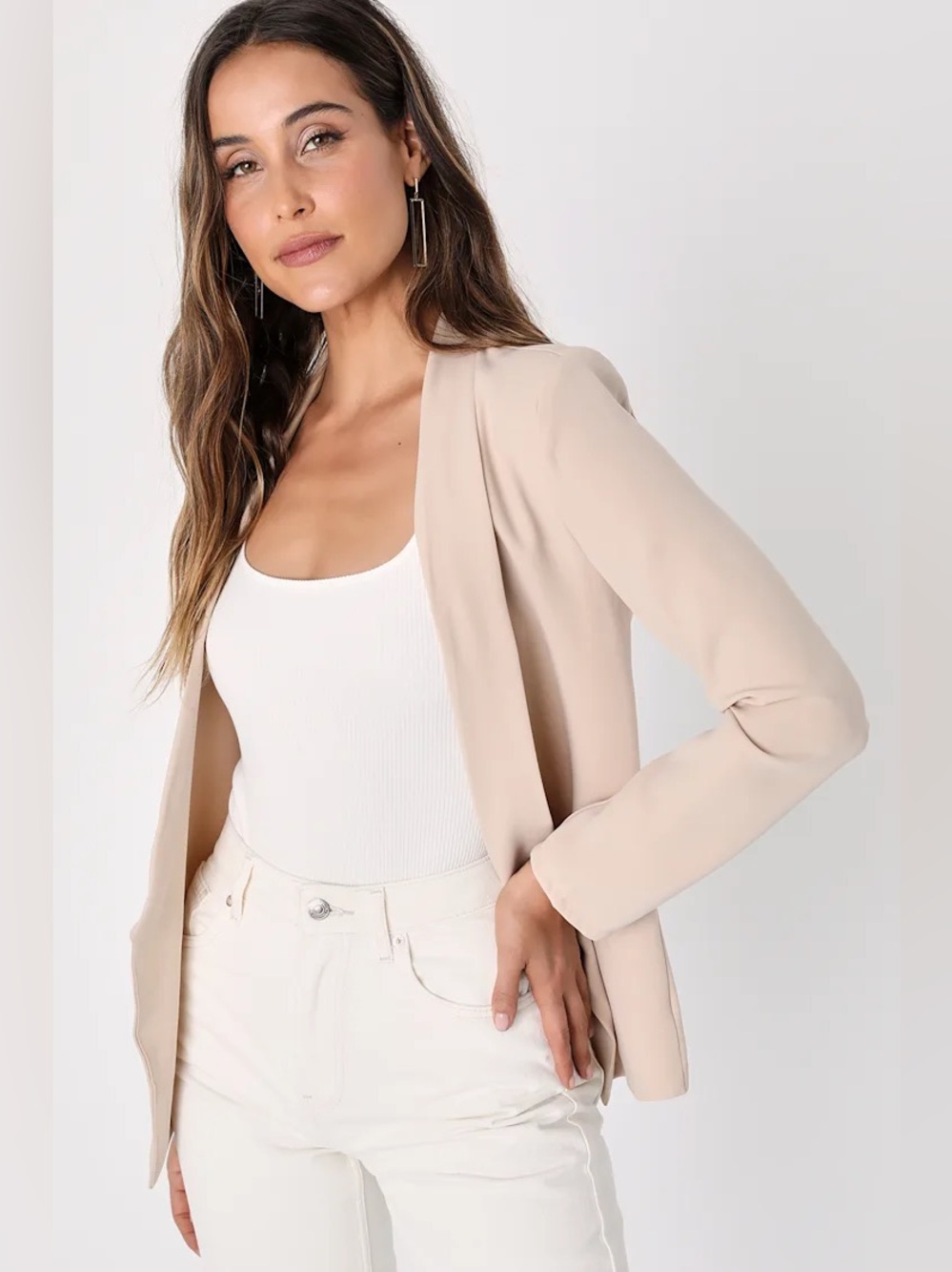 Lulu's Beige Open Front Blazer Jacket Miss Punctuality Taupe Lightweight Small